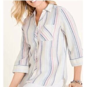 Chico's No Iron Pastel Stripe 100% Linen Button Down Shirt Size XL 16/18 Coastal